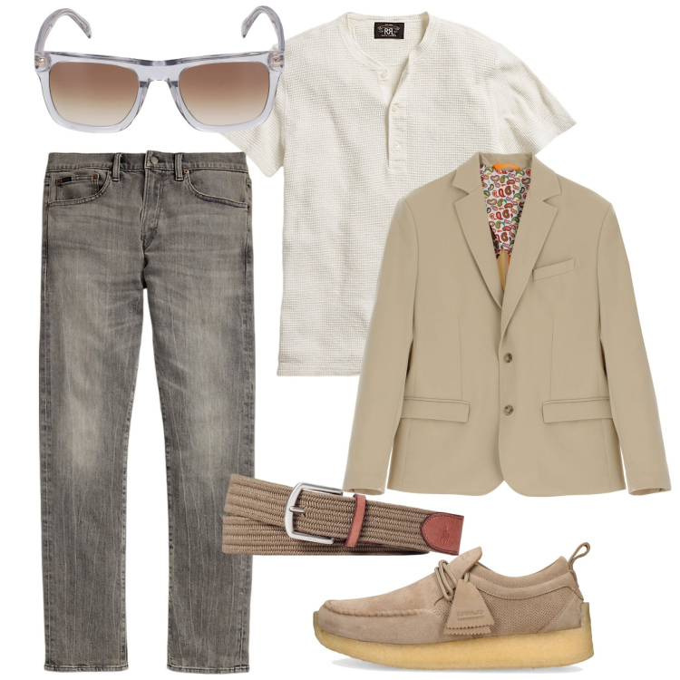 Outfit uomo - Fascinoso. Stile Trendy per Tutti i giorni. Abbinamento con giacche, t-shirt, cinture, jeans, scarpe stringate, occhiali da sole.