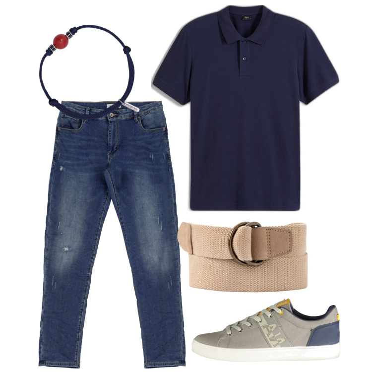 Outfit uomo - Blu notte di giorno. Stile Casual per Tutti i giorni. Abbinamento con polo, braccialetti, jeans slim fit, cinture, sneakers.