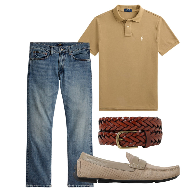 Outfit uomo - Un caffè. Stile Casual per Tutti i giorni. Abbinamento con polo, jeans dritti, scarpe stringate, cinture.