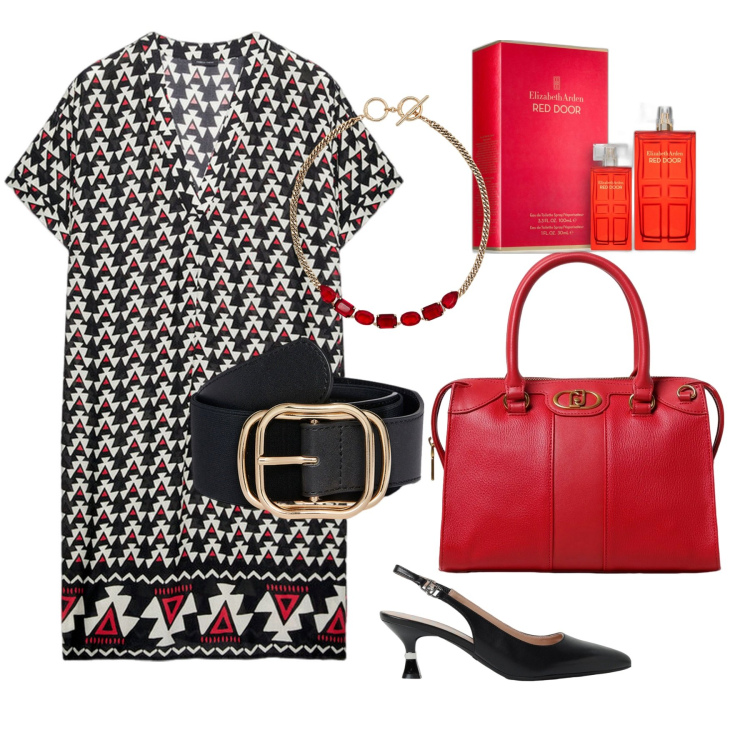 Outfit donna - Triangoli. Stile Bon Ton per Ufficio. Abbinamento con profumi, collane, vestiti midi/longuette, scarpe col tacco, borse a mano, cinture.