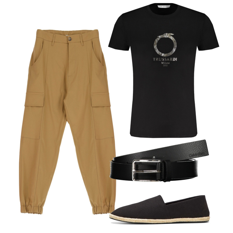 Outfit uomo - Black1. Stile Urban per Tutti i giorni. Abbinamento con espadrillas, pantaloni cargo, t-shirt, cinture.