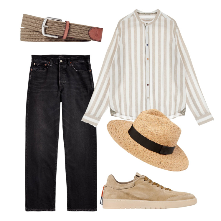 Outfit uomo - Nice. Stile Trendy per Tutti i giorni. Abbinamento con camicie, cinture, jeans dritti, cappelli, sneakers.