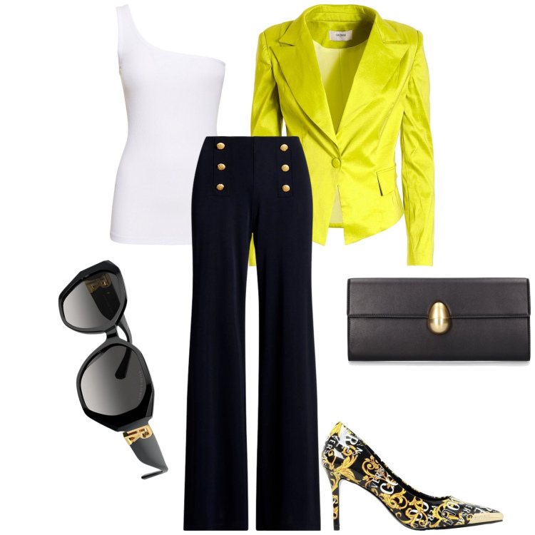 Outfit donna - Il sorriso è l\'accessorio più bello. Stile Casual chic per Tutti i giorni. Abbinamento con blazer, occhiali da sole, pantaloni, scarpe col tacco, pochette, top.