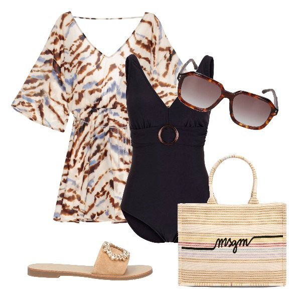 Outfit donna - Tramonto al sole. Stile Casual chic Abbinamento con costumi interi, sandali in pelle, vestiti corti, occhiali da sole, shopping bag.