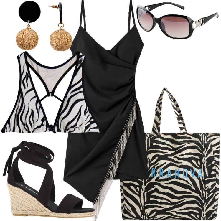 Outfit donna - Pizza in spiaggia. Stile Casual per Mare. Abbinamento con orecchini, sandali, occhiali da sole, borse tote, vestiti asimmetrici, bikini.