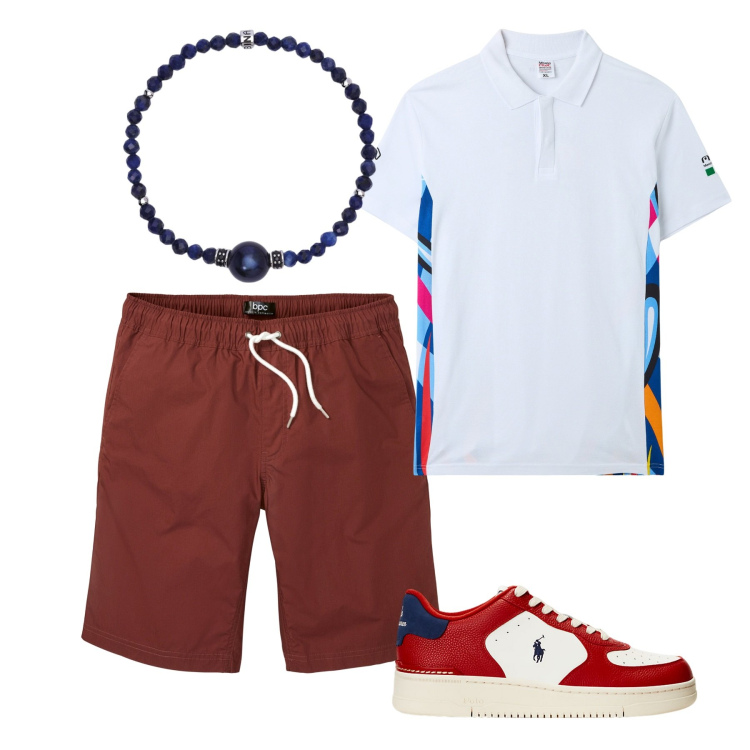 Outfit uomo - In giro per la città. Stile Urban per Tutti i giorni. Abbinamento con bermuda, braccialetti, polo, sneakers.