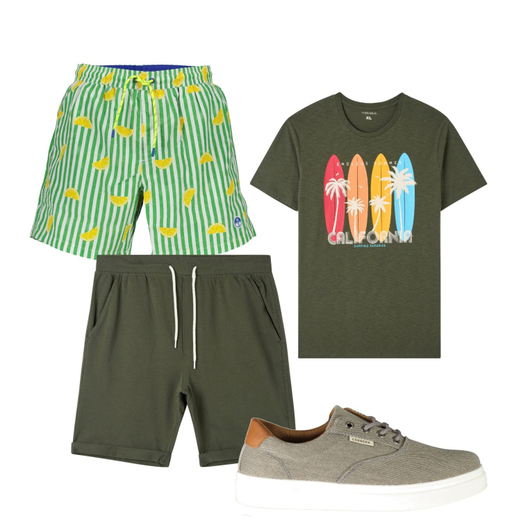 Outfit uomo - Surf. Stile Casual per Mare. Abbinamento con t-shirt, shorts, sneakers, costumi.