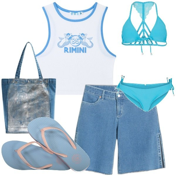 Outfit donna - Vacanze spensierate. Stile Basic per Mare. Abbinamento con bermuda, bikini, canottiere, shopping bag, infradito.