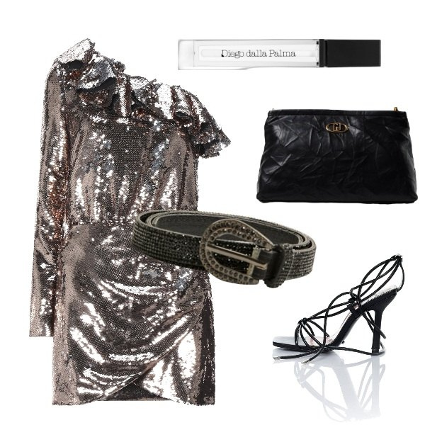 Outfit donna - Disco Shine. Stile Glamour Abbinamento con vestiti corti, gloss, cinture, sandali alla schiava, clutch.