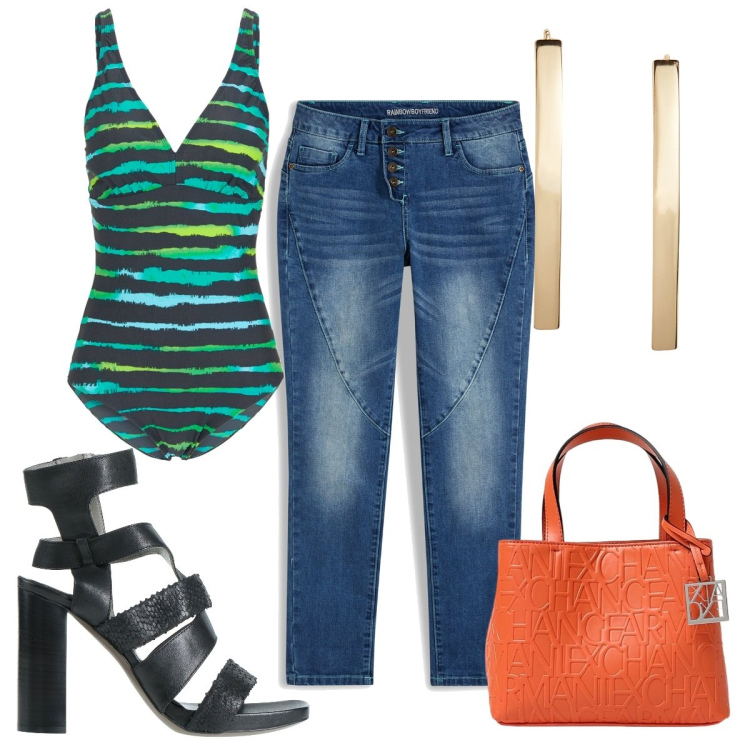 Outfit donna - Total look #1924879. Stile Trendy per Mare. Abbinamento con jeans boyfriend, costumi interi, sandali in pelle, orecchini, borse a mano.