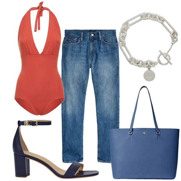 Outfit donna - Total look #1924882. Stile Trendy per Mare. Abbinamento con braccialetti, jeans, shopping bag, sandali in pelle, costumi interi.