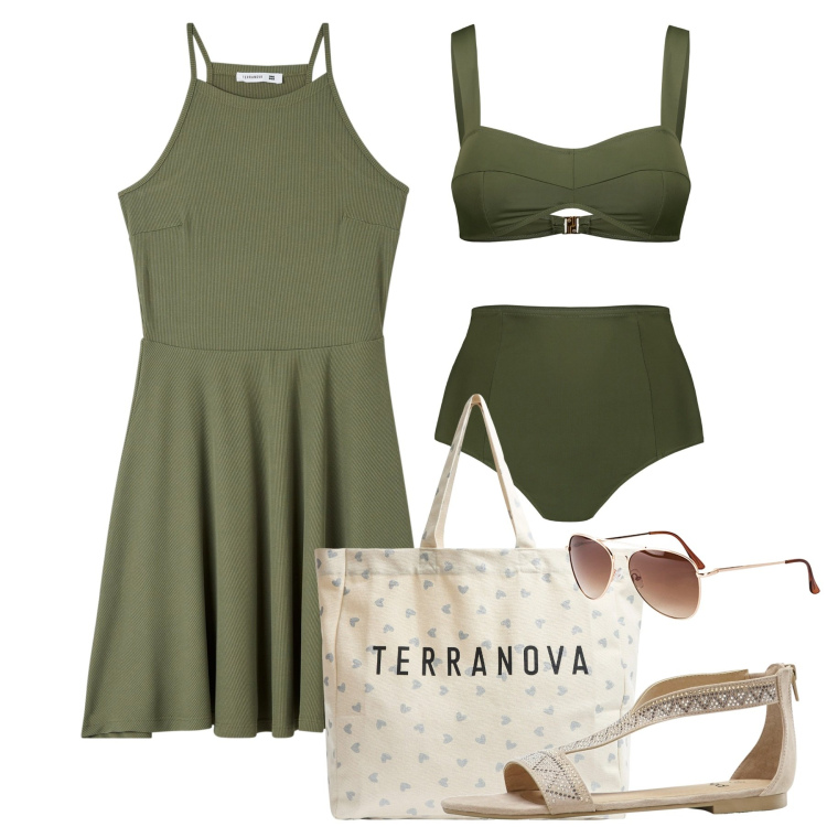 Outfit donna - Ponza. Stile Chic per Mare. Abbinamento con occhiali da sole, sandali, vestiti corti, shopping bag, bikini.