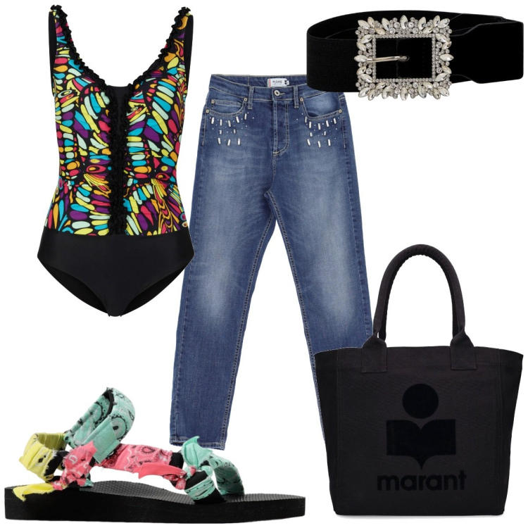 Outfit donna - Total look #1924889. Stile Trendy per Mare. Abbinamento con costumi interi, cinture, jeans slim fit, sandali, shopping bag.