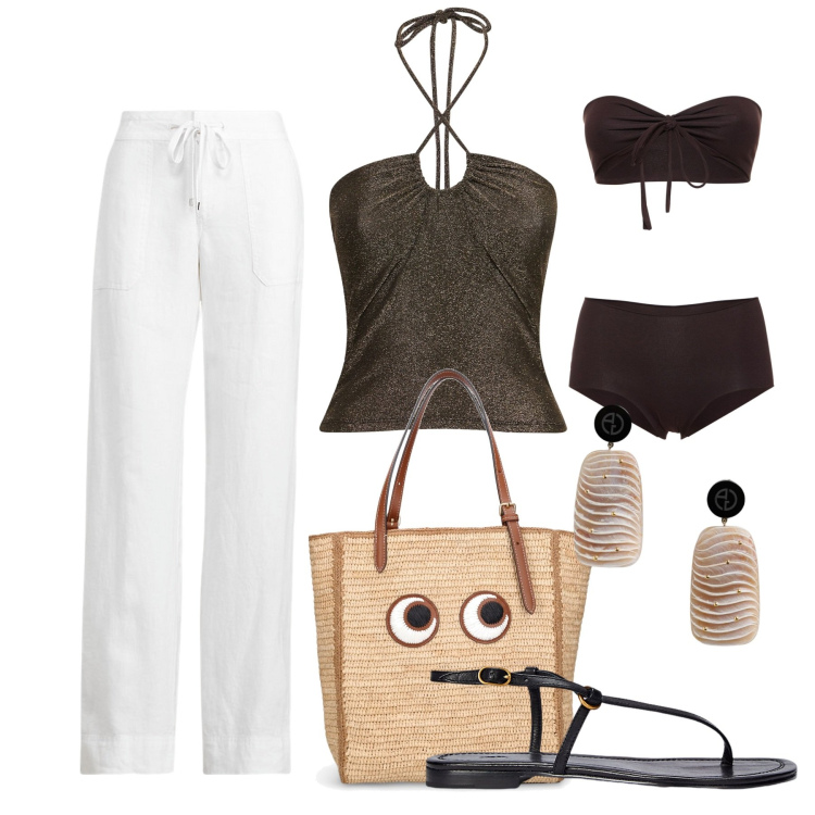 Outfit donna - Palmarola. Stile Chic per Mare. Abbinamento con sandali in pelle, pantaloni, bikini, top, orecchini, shopping bag.