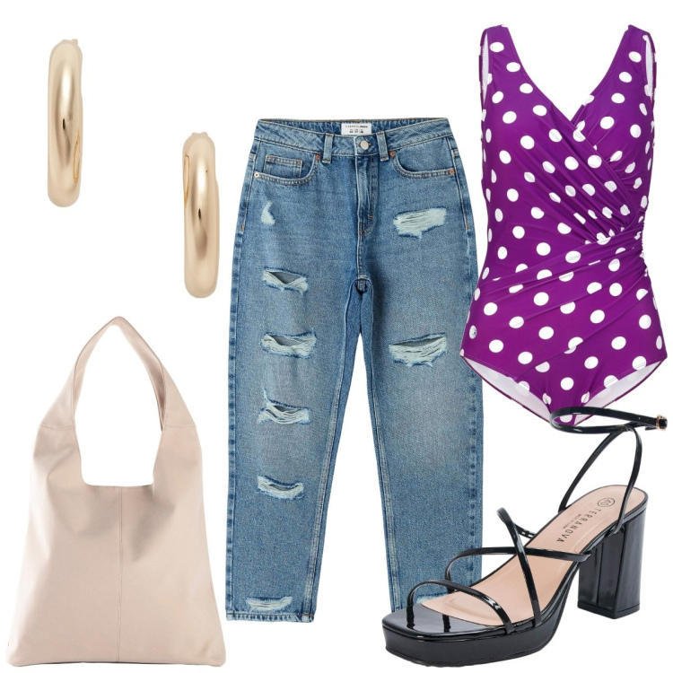 Outfit donna - Total look #1924896. Stile Trendy per Mare. Abbinamento con costumi interi, shopping bag, jeans mom, sandali in pelle, orecchini.