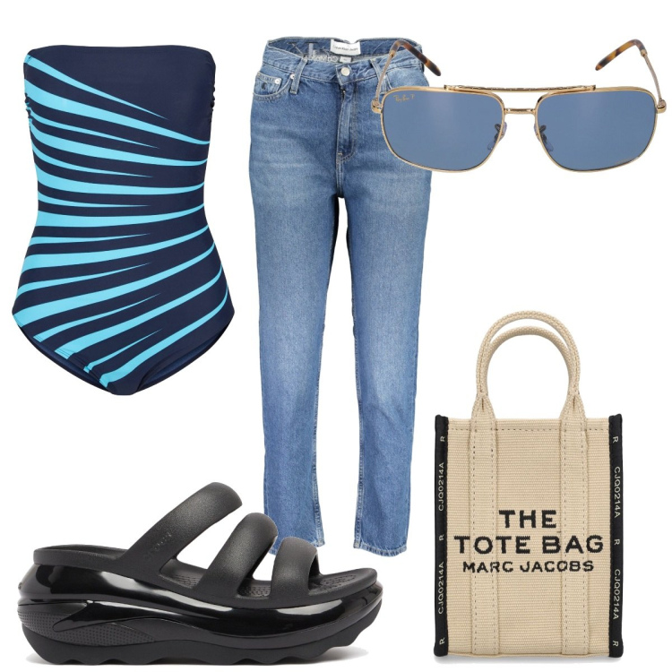 Outfit donna - Total look #1924897. Stile Trendy per Mare. Abbinamento con costumi interi, ciabatte, jeans, borse tote, occhiali da sole.