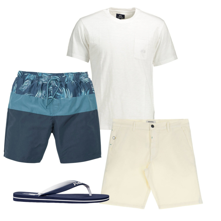 Outfit uomo - Mare mare. Stile Casual per Mare. Abbinamento con costumi, bermuda, sandali, t-shirt.