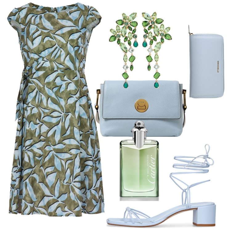 Outfit donna - Festa di compleanno tra le foglie. Stile Bon Ton per Cerimonia. Abbinamento con profumi, vestiti midi/longuette, sandali in pelle, borse a tracolla, portafogli, orecchini.