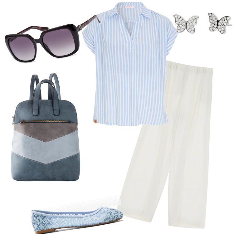 Outfit donna - Fresco bon ton. Stile Bon Ton per Tutti i giorni. Abbinamento con bluse, ballerine, zaini, orecchini, pantaloni a palazzo, occhiali da sole.
