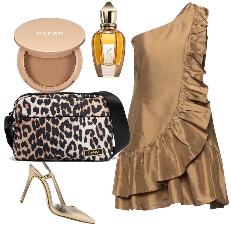 Outfit donna - Coloniale chic. Stile Chic per Serata fuori. Abbinamento con vestiti corti, ciprie, profumi, borse a spalla, décolleté.