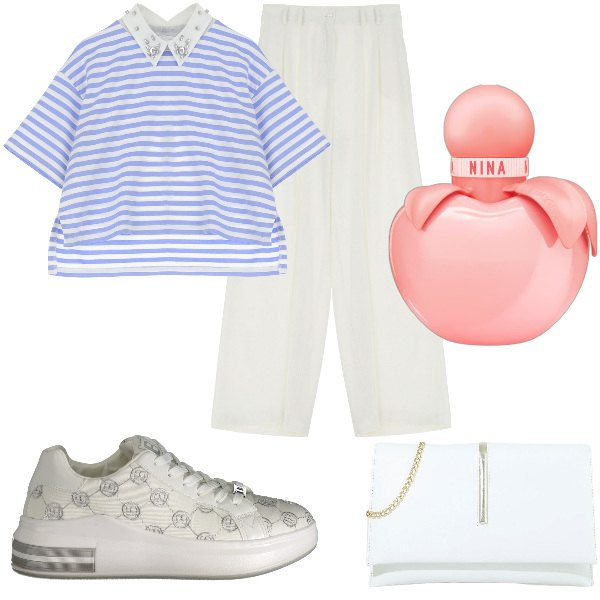 Outfit donna - Total look #1924919. Stile Basic per Tutti i giorni. Abbinamento con profumi, pantaloni a palazzo, pochette, felpe, sneakers.