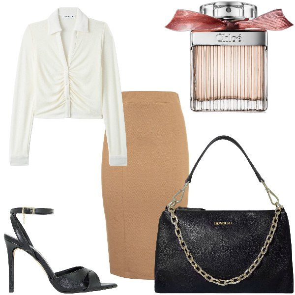 Outfit donna - Total look #1924921. Stile Chic per Ufficio. Abbinamento con profumi, camicie, pochette, décolleté, gonne lunghe.