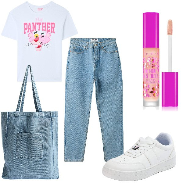 Outfit donna - Total look #1924924. Stile Basic per Tutti i giorni. Abbinamento con correttori, jeans mom, t-shirt, sneakers, shopping bag.