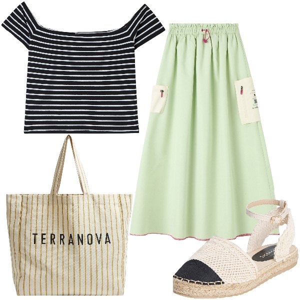 Outfit donna - Total look #1924927. Stile Basic per Tutti i giorni. Abbinamento con gonne lunghe, t-shirt, borse tote, espadrillas.