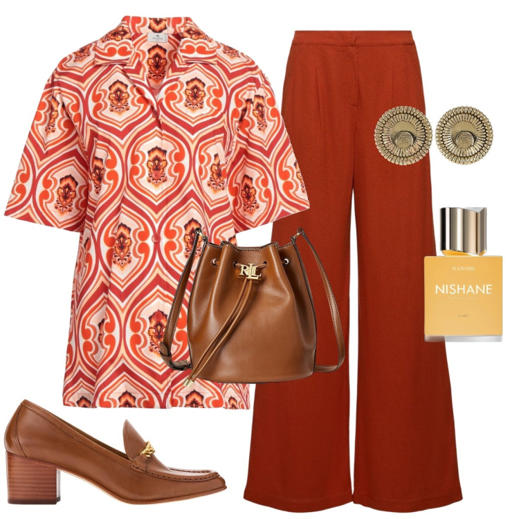 Outfit donna - da signora. Stile Etnico per Tutti i giorni. Abbinamento con camicie a manica corta, profumi, décolleté, borse a secchiello, orecchini, pantaloni.