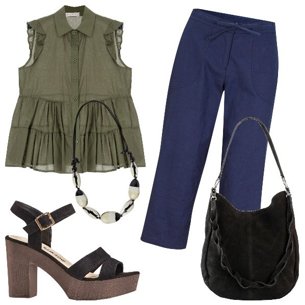 Outfit donna - Pantaloni campri e camicia verde. Stile Urban per Tutti i giorni. Abbinamento con pantaloni capri, sandali col tacco, borse a mano, collane, camicie.