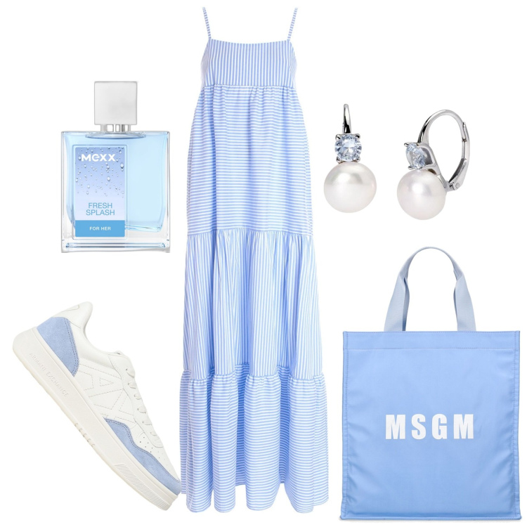 Outfit donna - Il tuo fascino naturale. Stile Casual per Tutti i giorni. Abbinamento con profumi, orecchini, vestiti lunghi, sneakers, shopping bag.