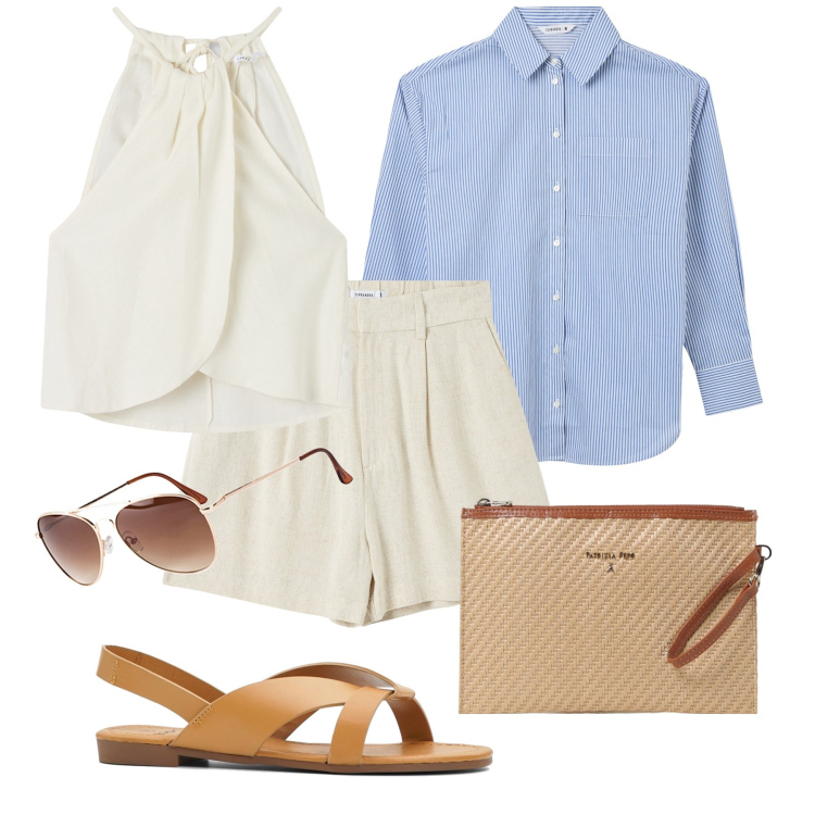 Outfit donna - Con la camicia aperta. Stile Trendy per Tutti i giorni. Abbinamento con sandali, occhiali da sole, bermuda, top, camicie, clutch.