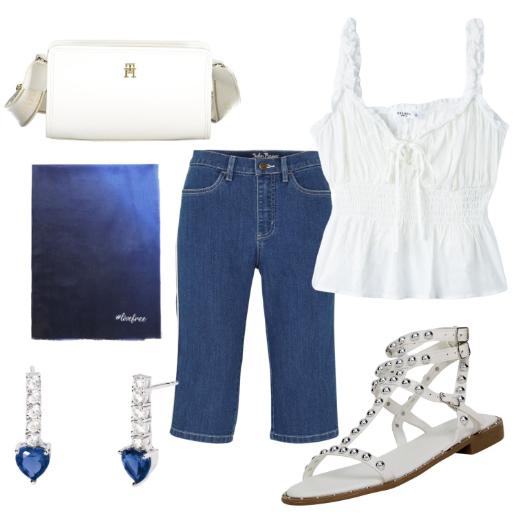 Outfit donna - In pieno Capri style. Stile Casual chic per Tutti i giorni. Abbinamento con bermuda, top, sandali, orecchini, sciarpe, borse a tracolla.