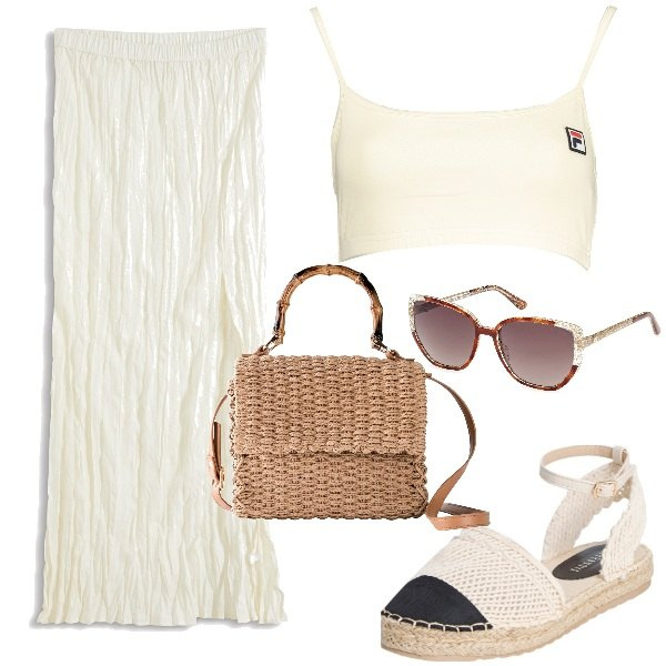 Outfit donna - Rafia e corda in vacanza. Stile Boho per Mare. Abbinamento con gonne lunghe, borse a mano, espadrillas, occhiali da sole, top.