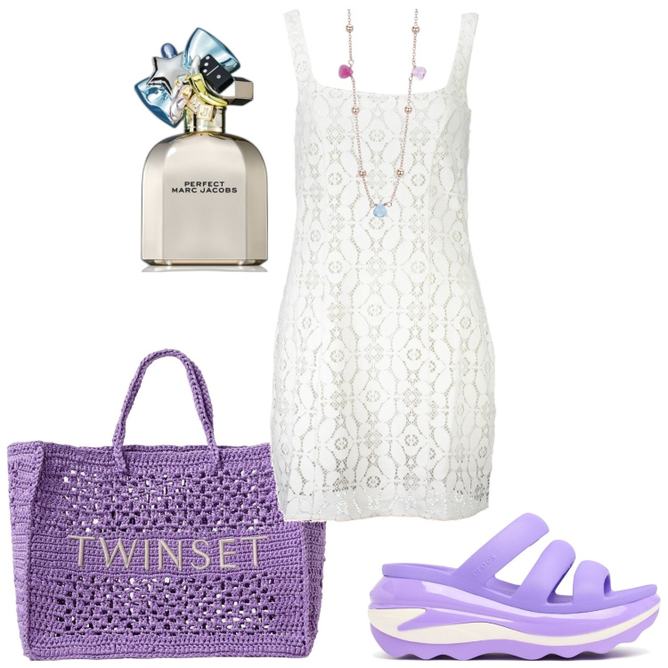 Outfit donna - Total look #1924961. Stile Casual per Tutti i giorni. Abbinamento con profumi, collane, ciabatte, vestiti corti, borse tote.
