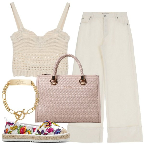Outfit donna - Top all\'uncinetto. Stile Casual chic per Mare. Abbinamento con espadrillas, pantaloni, top, braccialetti, borse a mano.