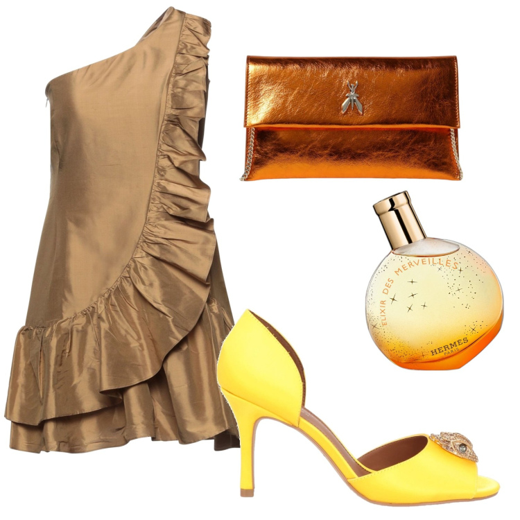 Outfit donna - Serata disco. Stile Glamour per Serata fuori. Abbinamento con profumi, sandali col tacco, vestiti corti, clutch.
