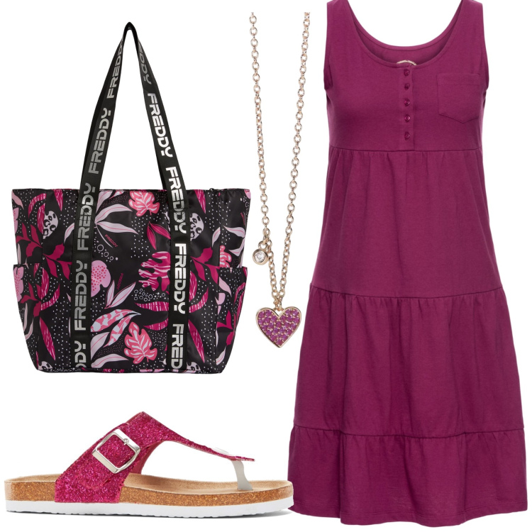 Outfit donna - Total look #1924971. Stile Casual per Tutti i giorni. Abbinamento con vestiti corti, infradito, collane, shopping bag.