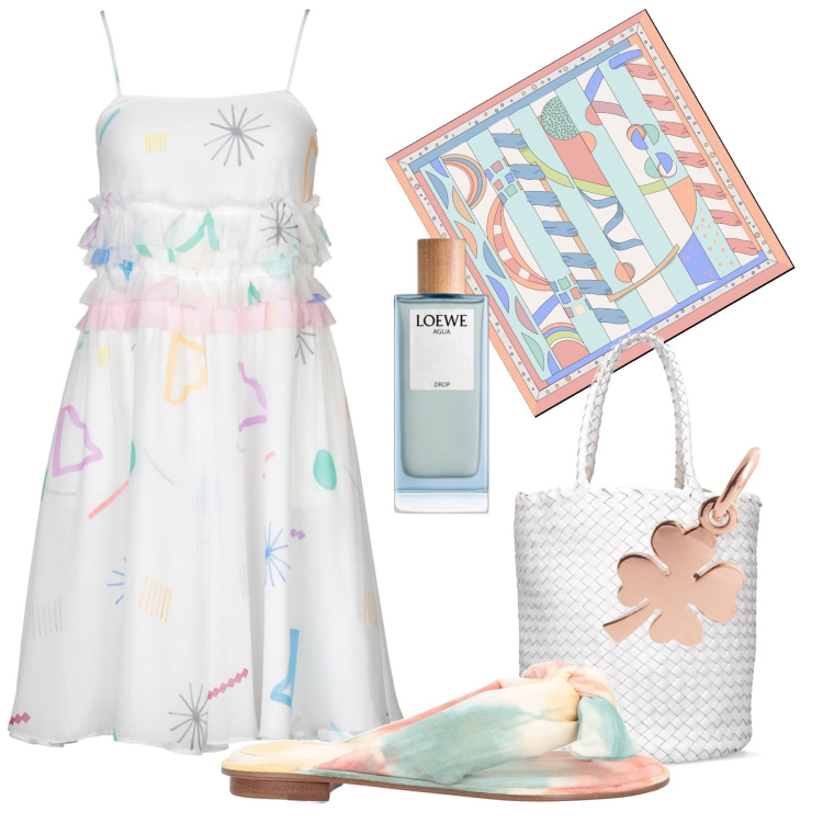Outfit donna - Passeggiata pastello. Stile Romantica per Tutti i giorni. Abbinamento con ciabatte, vestiti corti, profumi, borse a mano, foulard, ciondoli.