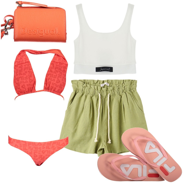 Outfit donna - Il bikini di Fila. Stile Casual chic per Mare. Abbinamento con shorts, top, portafogli, infradito, bikini.