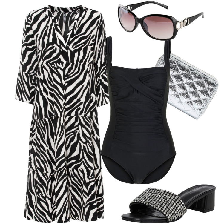Outfit donna - Apericena in stile animalier. Stile Chic per Mare. Abbinamento con costumi interi, vestiti midi/longuette, occhiali da sole, ciabatte, portafogli.