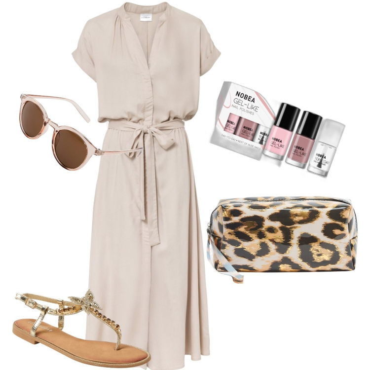 Outfit donna - Con il kit di smalti. Stile Casual chic per Tutti i giorni. Abbinamento con vestiti chemisier, occhiali da sole, smalti, sandali gioiello, valigie.
