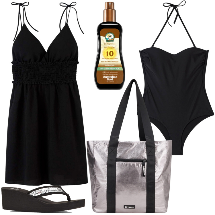 Outfit donna - Black & Silver. Stile Basic per Mare. Abbinamento con infradito, terre, costumi interi, vestiti corti, shopping bag.