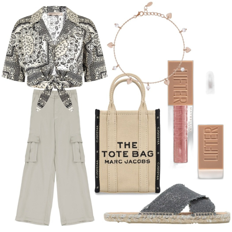 Outfit donna - Total look #1924991. Stile Casual per Mare. Abbinamento con gloss, braccialetti con ciondoli, camicie, pantaloni cargo, borse tote, sandali.