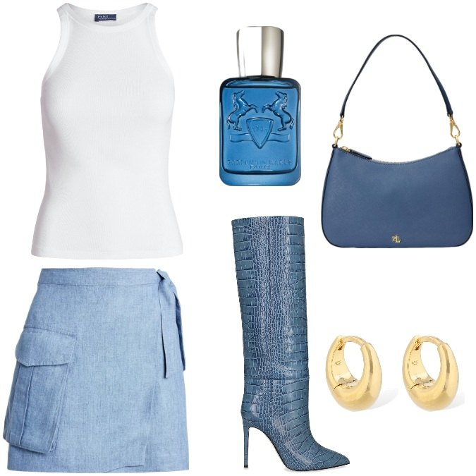 Outfit donna - Total look #1924994. Stile Trendy per Serata fuori. Abbinamento con profumi, canottiere, borse a tracolla, gonne, orecchini, stivali.