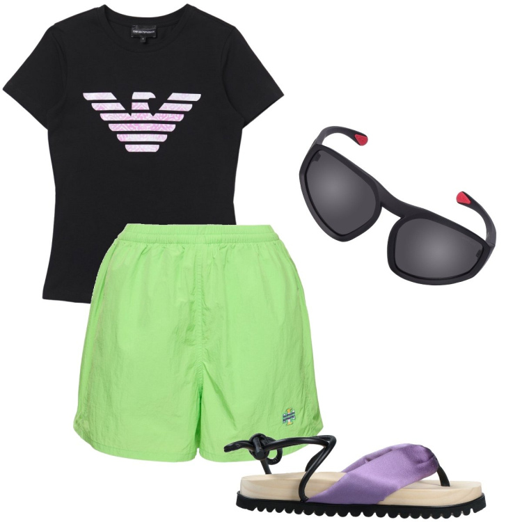 Outfit donna - Simbolo Emporio Armani. Stile Sporty chic per Sport. Abbinamento con infradito, t-shirt, occhiali da sole, shorts.