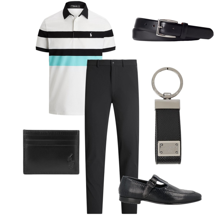 Outfit uomo - Molto elegante. Stile Business/Elegante per Cerimonia. Abbinamento con scarpe stringate, cinture, portafogli, polo, pantaloni, portachiavi.