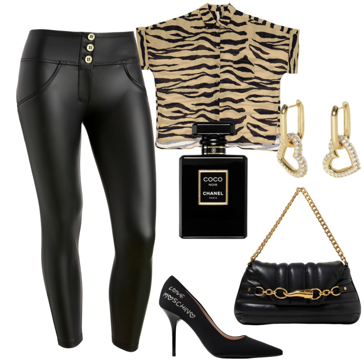 Outfit donna - Animalier sì, ma con stile. Stile Sexy per Serata fuori. Abbinamento con profumi, orecchini, camicie, pantaloni skinny, décolleté, borse a spalla.