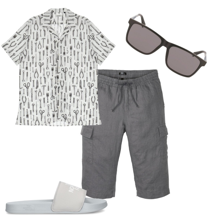 Outfit uomo - La camicia con le forbici. Stile Casual per Mare. Abbinamento con bermuda, camicie a manica corta, occhiali da sole, sandali.