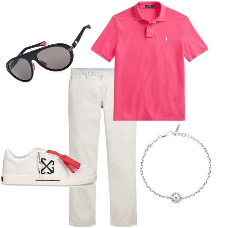 Outfit uomo - La polo elegante. Stile Trendy per Serata speciale. Abbinamento con braccialetti, pantaloni chino, polo, sneakers, occhiali da sole.